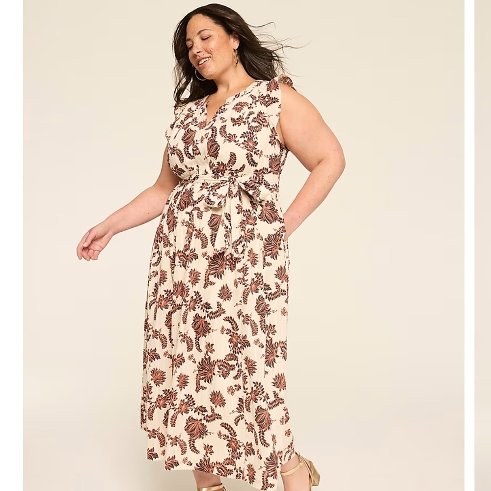 Lane Bryant Floral Cotton Midi Dress NWT Ruffle Sleeve Belted Pocket Cream - Picture 9 of 12